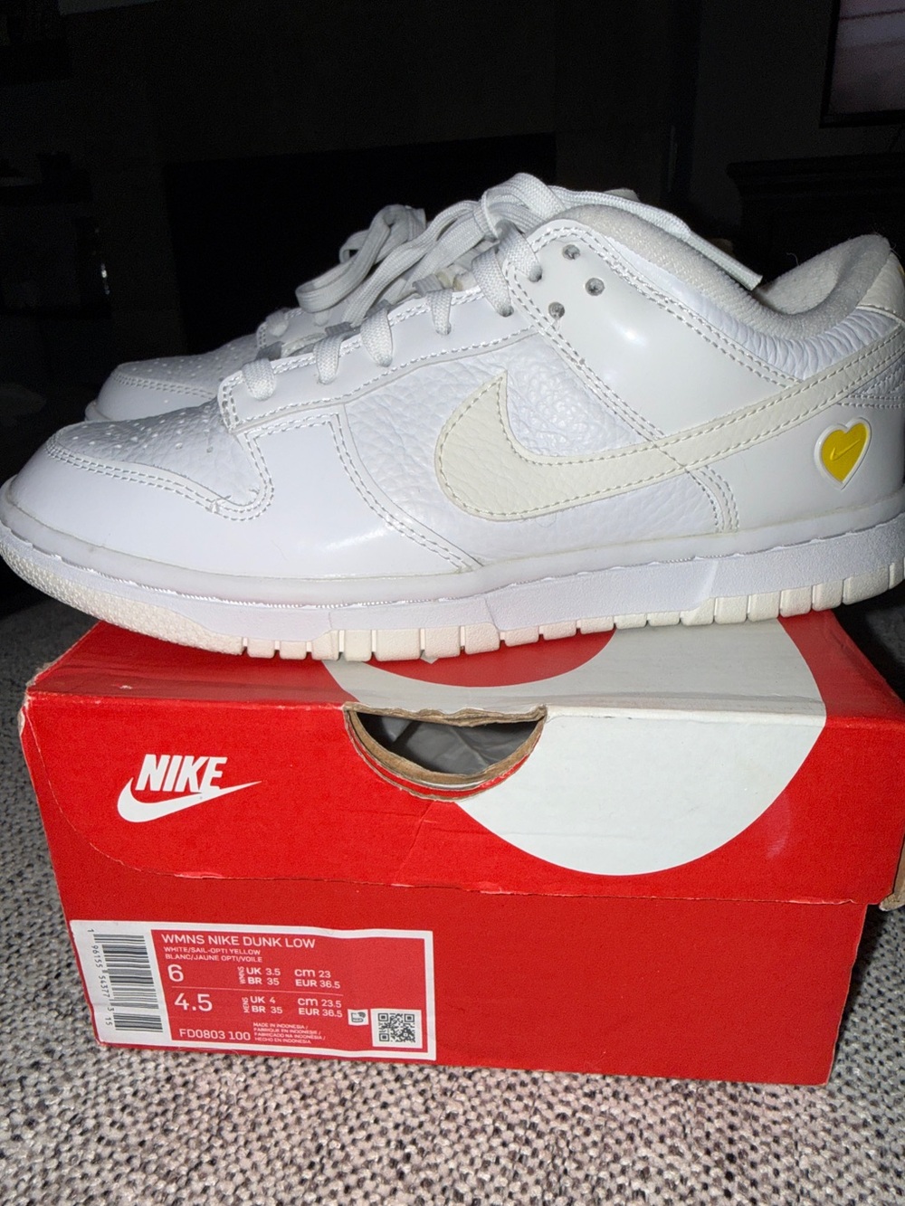 Nike White Dunk Low Sneakers with Yellow Heart Accent